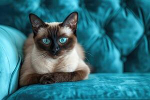 siamês gato com azul olhos em uma azul sofá foto