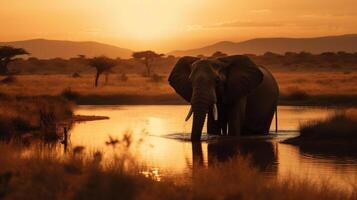 majestoso africano elefante em pé de a água contra a laranja pôr do sol dentro a savana foto
