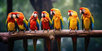 tropical papagaios sentado em uma árvore ramo dentro a floresta tropical foto