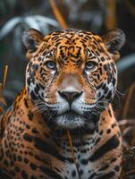 jaguar dentro a água em a rio. verde natural selva fundo. Panthera onca. foto