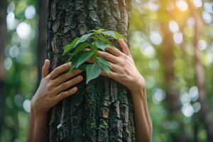 humano mãos suavemente abraçando uma árvore tronco simbolizando conexão com natureza e de Meio Ambiente Cuidado foto