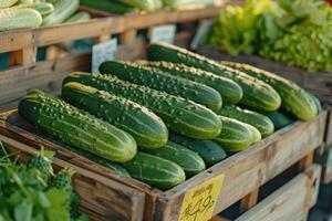 fresco pepinos em uma mercado ficar de pé foto