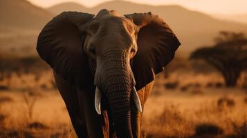 africano elefante e a configuração Sol com a icônico savanas dentro a fundo foto