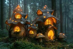 encantado cogumelo casa com caloroso luzes foto