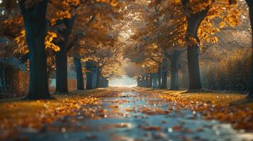 árvore forrado caminho conduzindo para dentro uma outono colori parque foto
