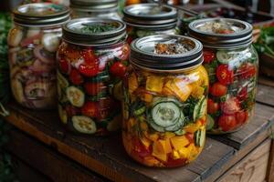 casa conservação para a inverno. vidro frascos com enlatado legumes pepinos, tomates, ervas, especiarias. saudável Comida. foto