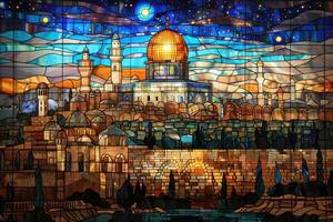 uma grande manchado vidro janela representando uma vívido e colorida histórico religioso cena foto