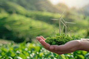 humano mão embalando uma jovem plantar brotar com uma miniatura vento turbina. verde tecnologia e eco poder foto