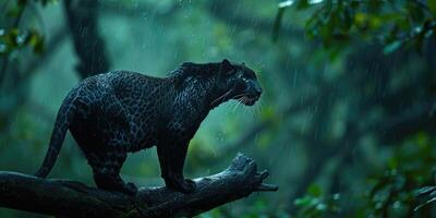 Preto leopardo ou pantera dentro a verde selva foto