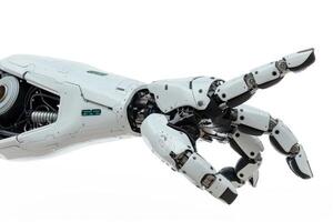 fechar-se do uma robótico mão com articulado dedos, simbolizando tecnologia e inovação foto