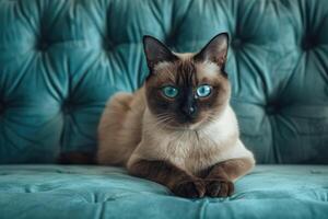 siamês gato com azul olhos em uma azul sofá foto