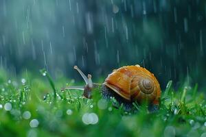 macro tiro do uma Caracol em a Relva depois de a chuva foto