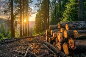 uma pilha do Histórico dentro uma floresta compensação. impacto do desmatamento e clima mudança foto