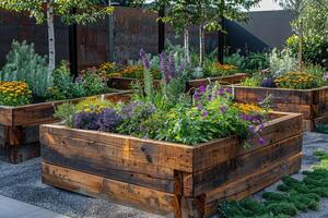 de madeira elevado camas dentro moderno urbano jardim com crescendo plantas flores ervas especiarias e legumes foto