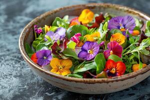 fresco salada do Primavera legumes decorado com comestível flores foto