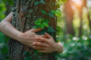 abraçando uma árvore tronco com mãos foto
