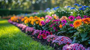 multicolorido flor cama dentro a parque. ao ar livre verão jardinagem. foto