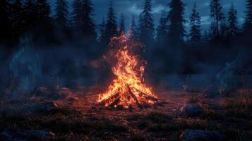 ardente fogueira dentro uma Sombrio floresta às noite foto