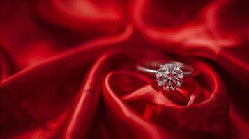 uma diamante anel dentro foco em uma vermelho seda ou tecido fundo. dia dos namorados dia foto