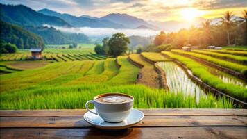 uma copo do café com leite café dentro a manhã com Visualizações do arroz Campos e montanhas foto