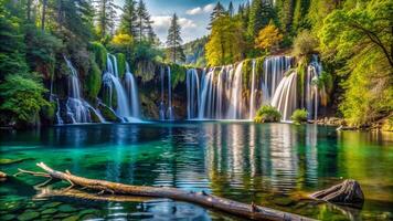 cascata dentro uma lago com Claro água e caído árvores foto