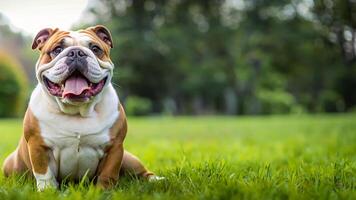 buldogue sentado em a Relva com uma feliz expressão foto