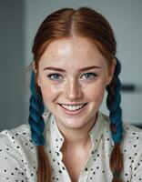 ruiva mulher escritório retrato. feliz sorridente senhora com sardas e vibrante ruiva tranças retrato em ambiente de trabalho. foto