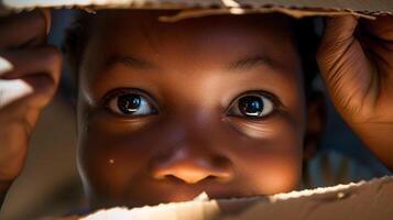 uma fechar-se retrato do uma jovem criança com brilhante olhos e uma pernicioso sorriso, perdido dentro uma mundo do imaginação foto