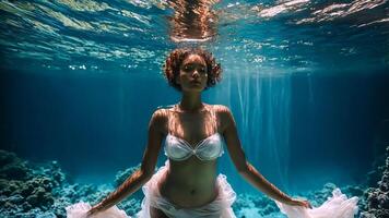 modelo dentro embaixo da agua ilusão com flutuando tecido lingerie etéreo embaixo da agua iluminação sereno aquático dança foto