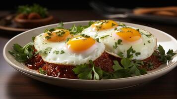 huevos rancheros com ovo e carne foto