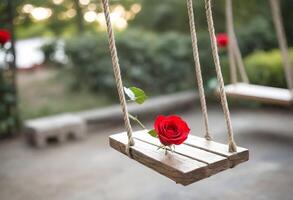 uma de madeira balanço com cordas e uma vermelho rosa em isto, com uma borrado fundo mostrando dois pessoas sentado fechar juntos foto