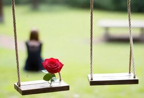 uma de madeira balanço com cordas e uma vermelho rosa em isto, com uma borrado fundo mostrando dois pessoas sentado fechar juntos foto