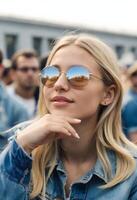 caucasiano fêmea, por aí 25 anos velho, com grandes Loiras cabelo, vestindo volta oculos de sol e uma jeans jaqueta, tocante dela queixo com dela mão, com uma multidão dentro a fundo foto