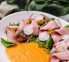 fresco assado carne salada com laranja vestir foto