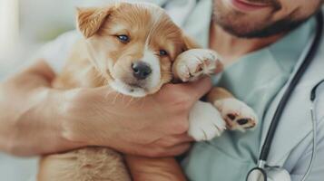 pessoa segurando cachorro dentro braços foto