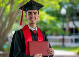 uma homem vestindo graduação vestido e segurando diploma para cerimônia celebração. foto