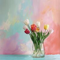 mãe dia colorida fundo conceito com tulipa flor dentro uma vidro vaso. foto