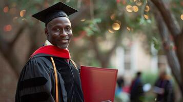 uma homem vestindo graduação vestido e segurando diploma para cerimônia celebração. foto