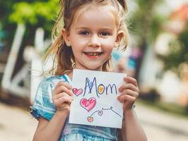 pequeno menina dando dela mão escrevendo cumprimento cartão para dela mãe. foto