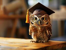 a coruja vestindo uma solteiro boné para graduação conceito. foto