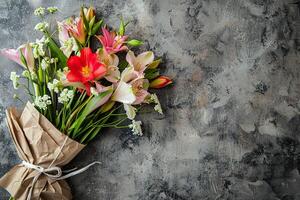 cumprimento cartão e flor ramalhete para mãe dia Projeto conceito. foto