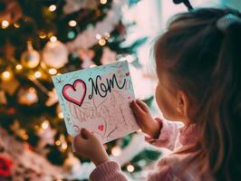 pequeno menina dando dela mão escrevendo cumprimento cartão para dela mãe. foto