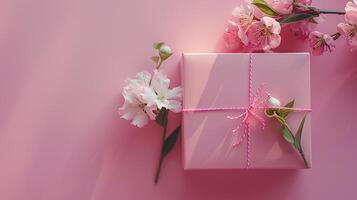Rosa presente caixa com Primavera flores em Rosa fundo. foto