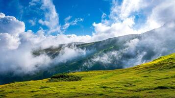 panorama com nuvens em repouso em uma verde encosta dentro luz solar. foto