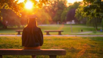 uma graduado senta em uma banco, assistindo a pôr do sol e contemplando . foto