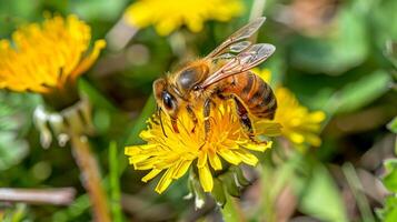 uma querida abelha coleta néctar a partir de amarelo dente de leão flores foto