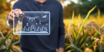 ui holograma agricultura e moderno tecnologia agricultor usando inteligente agricultura tecnologias usando ai foto