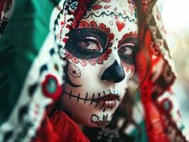 retrato do uma jovem mulher com Maquiagem do dia do a morto e mexicano bandeira foto