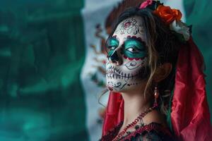 retrato do uma jovem mulher com Maquiagem do dia do a morto e mexicano bandeira foto