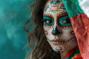 retrato do uma jovem mulher com Maquiagem do dia do a morto e mexicano bandeira foto
